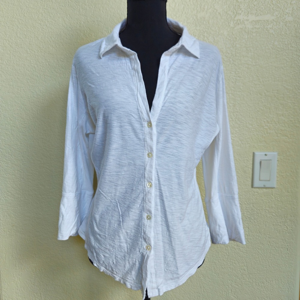 James Perse White Slub Knit Button Down L Ribbed Side Panel Jennifer Aniston EUC